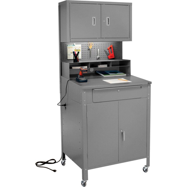 Global Industrial Mobile Cabinet Shop Desk w/ Upper Cabinet, 34-1/2inW x 30inD, Gray 249692CGY - main